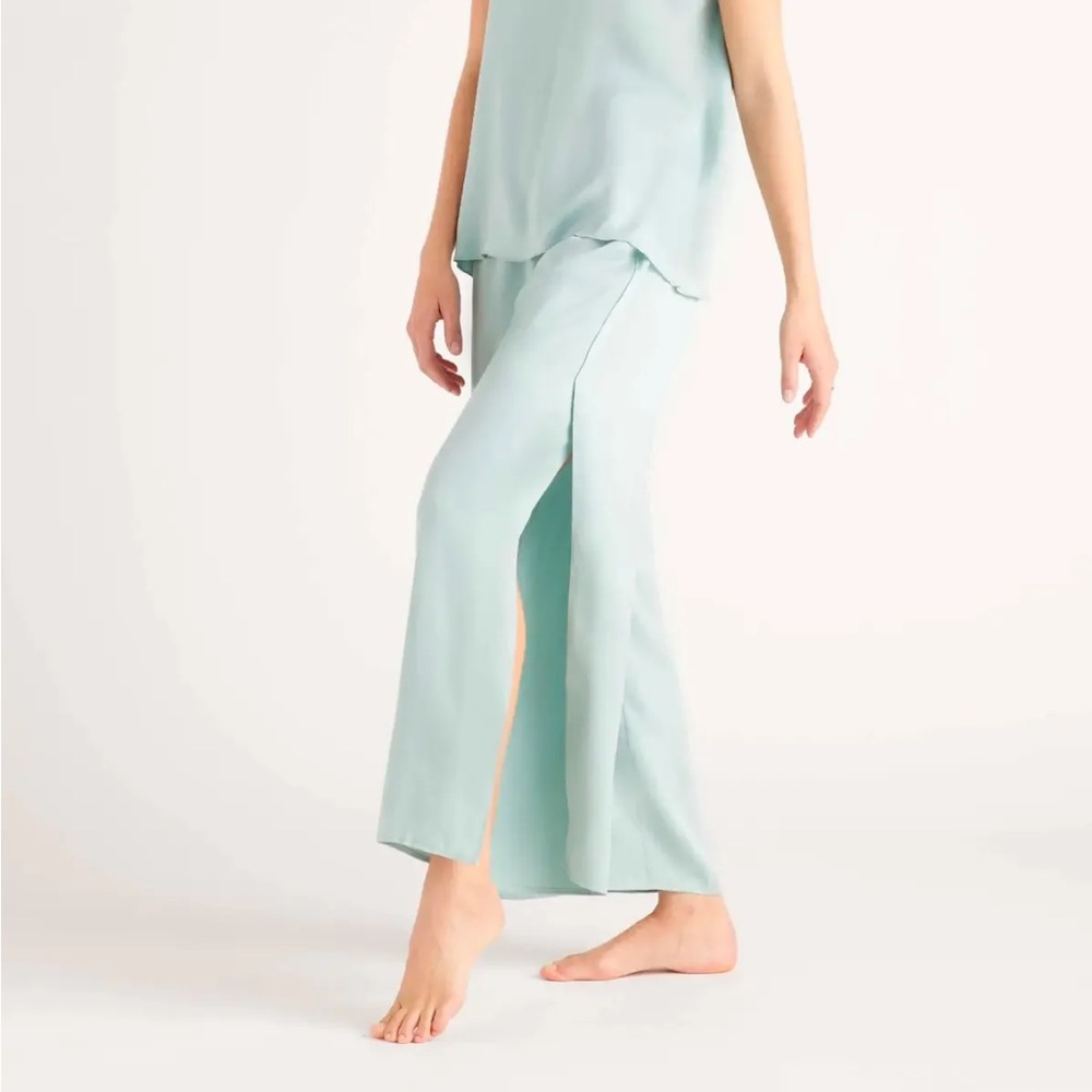 Quince 100% Washable Silk Pajama Pants Mist Medium Sage Green split wide leg
